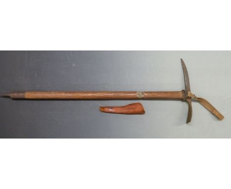 British Army WWII ice axe stamped Brades 1943 and broad arrow to head, with wooden shaft, overall length 84cm