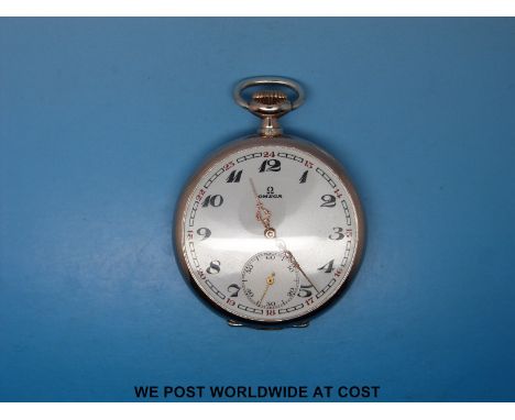 Omega gentleman's pocket watch with keyless movement in continental silver case with engine turned back 