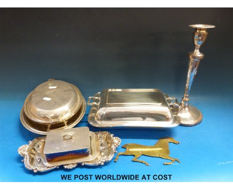 A collection of plated ware including candlestick and pin tray, possibly Matthew Bolton 