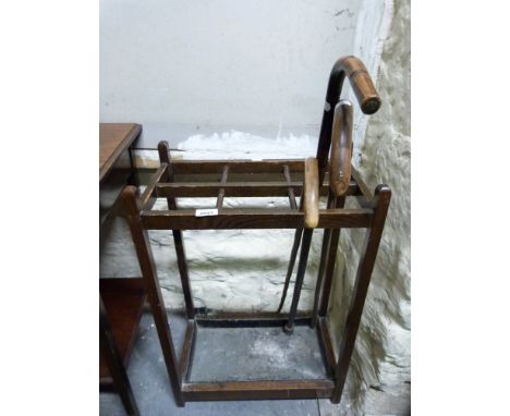 A coopered jardiniere stand, stick stand, two stools, slipper box and an occasional table 