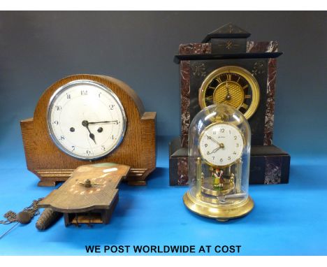Four various clocks including a black marble example, two train mantel clock etc
