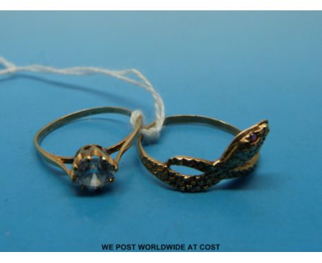 Two 9ct gold rings, one in the form of a snake with ruby eyes and one set with cubic zirconia 