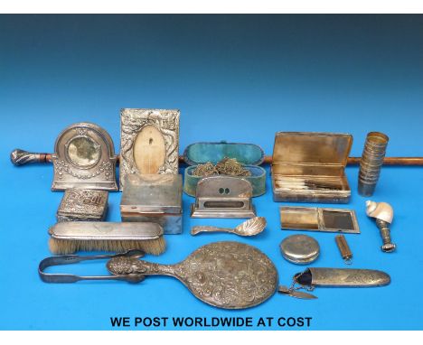 A quantity of hallmarked silver items to include cigarette box, two mirrors, Victorian caddy spoon, spectacle case, sugar ton