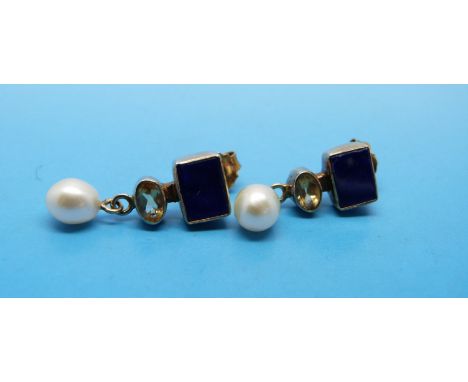 A pair of 9ct gold earrings set with lapis lazuli, quartz and a drop pearl