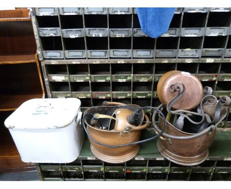An enamel bread bin, copper coal scuttles, fire dogs etc. 