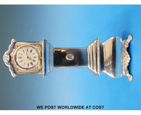 A Dutch white metal miniature longcase clock with dutch silver marks verso (height 12cm, weight 105g all in)