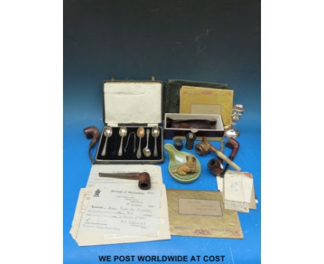 A quantity of collectables to include 1939 telegrams, 1918 Scheduled Occupation certificate, microscope slides, hallmarked si