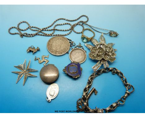 Two mounted coins, a marcasite brooch, hallmarked silver, silver pill box, stick pin, white metal bracelet etc