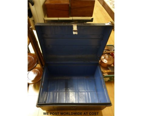 A vintage metal trunk complete with brass lock by E T Bryant & Co of Bristol, together with a three-tier Edwardian mahogany c