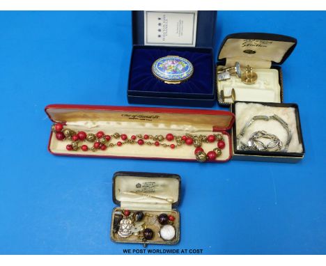 A filigree necklace by Ciro of Bond Street, Wedgwood cufflinks, a silver coin, bracelets, Halcyon Days enamel pill box etc