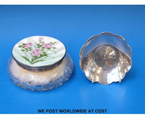 A feature hallmarked silver pin dish (84g) together with a cut glass hallmarked silver guilloché enamel lidded dressing table