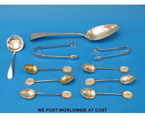 A quantity of hallmarked silver cutlery to include Georgian table spoon, weight 115g together with six mother of pearl mounte