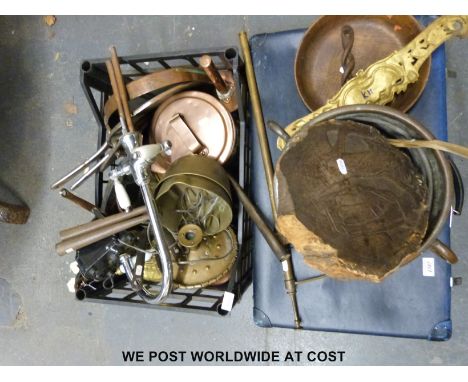 A quantity of mainly Georgian and Victorian metalware to include copper pans, Arts & Crafts style chamber stick, copper shove