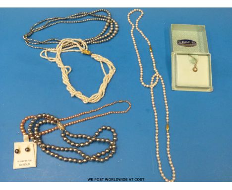 Three pearl necklaces, other faux pearl items etc 