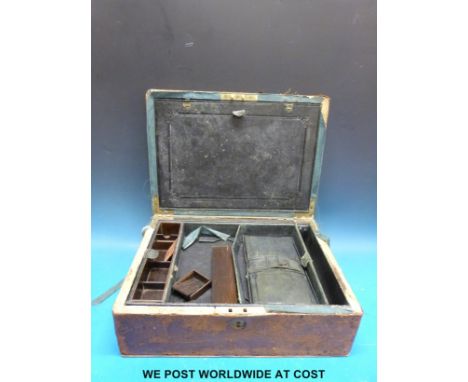 A leather travelling box by Kennedy, Bond St, and a wooden ink stand with ceramic wells and pen tray