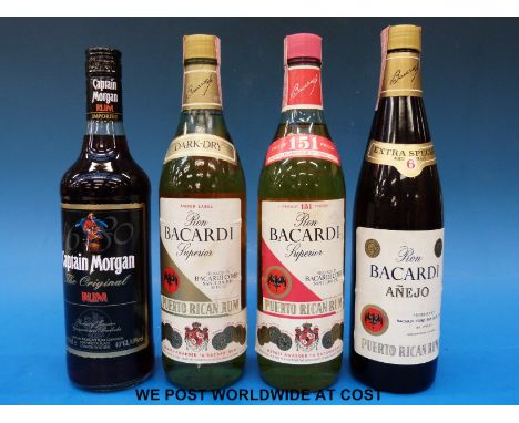 Four bottle of rum comprising 151 proof Bacardi 750ml, two 80 proof Bacardi and Captain Morgan 70cl 