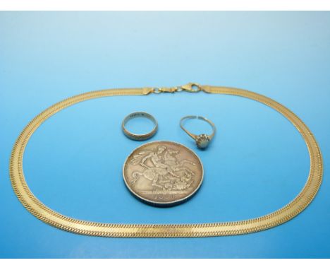 A 9ct gold necklace and ring, an unmarked diamond and opal ring and a Victorian crown