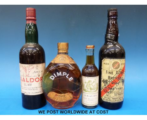 A John Haig Dimple whisky 26 2/3 fl oz, Valdor ruby, Red Stripe Port etc