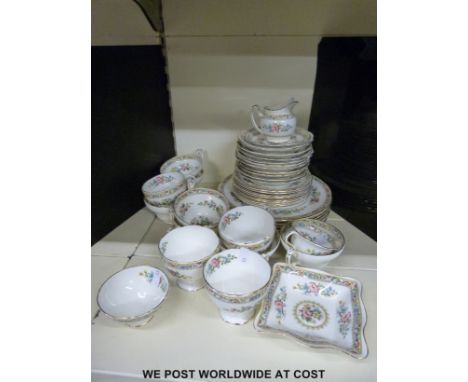 A collection of Foley Ming Rose dinner and tea ware including 6 large plates, 9 small plates, 11 cups and saucers, miniature 