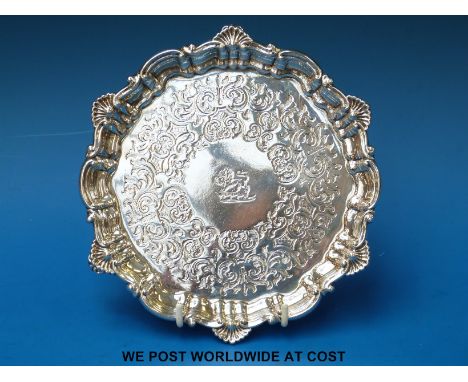 A Victorian hallmarked silver salver with shaped edge and engraved decoration, Ldn 1864, maker Henry Wilkinson & Co (19cm dia