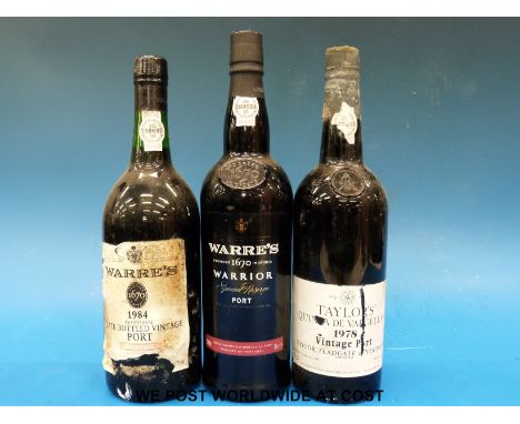 Three bottles of port comprising Taylor's Quinta de Vargellas 1978 vintage 75cl 21% volume, Warre's 1984 traditional late bot