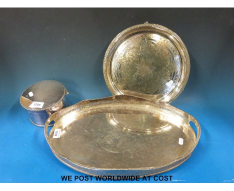 A silver plated galleried tray together with a plated salver and a plated trinket box, diameter 15cm