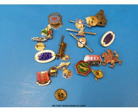 A Royal Army Ordnance Corps badge, enamel R.S.P.C.A badges,  silver Royal Norfolk Regiment brooch, RAOB silver and enamel bro