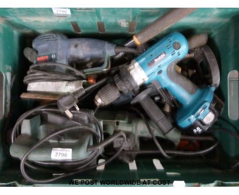 A quantity of mainly power tools to include Makita cordless drill, Bosch sander, planer and anther sander and a Black and Dec