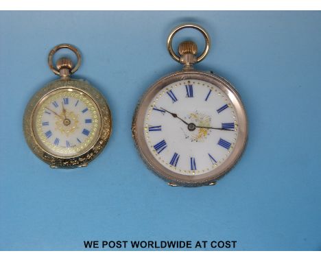 Two ladies continental fob watches, keyless movement, decorated enamel dials in chased cases stamped 9kt, both c1900
