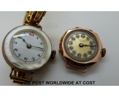 A 9ct gold watch face and a gilt watch with mother of pearl border and back