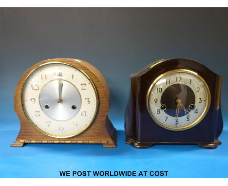 A Smiths two-train mantel clock in bakelite case, together with a wooden cased example "Smiths Tempora"