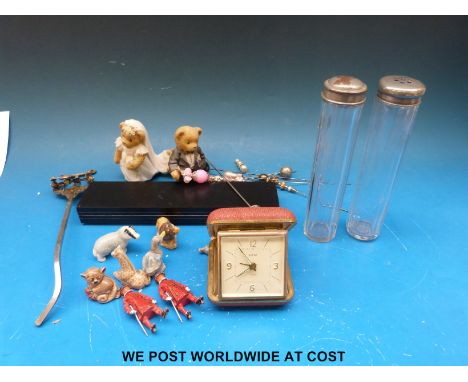 Six enamel Robertson Golly brooches, Wade Whimsies, lead soldiers, hat pins, cruets, travel clock etc