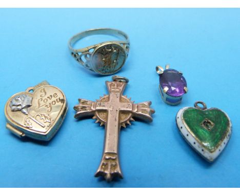 A 9ct gold ring, 9ct gold cross pendant, 9ct gold heart locket,  9ct gold and enamel pendant and an amethyst pendant