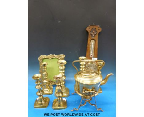 An Art Nouveau brass spirit kettle on stand with impressed Muster GBN to base, brass photograph frame, oak barometer and thre