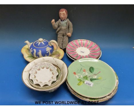 A collection of ceramics including Copeland teapot, Doulton Seriesware, blue scale bowl possibly Samson and a Deans rag doll,