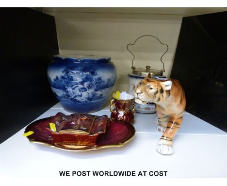 Four pieces of Carltonware, Czechoslovakian tiger, Doulton blue children style jardiniere etc
