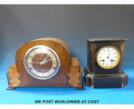 A two train black marble cased mantel clock together with a three train Art Deco mantel clock