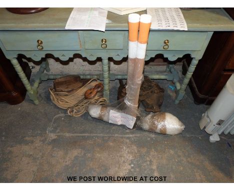 A quantity of vintage pulleys, rope, pick axes etc