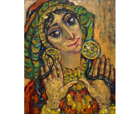 A mid 20th century impasto oil on canvas, portrait of a lady in ceremonial dress, possibly Hedi Schick, signed to the lower r