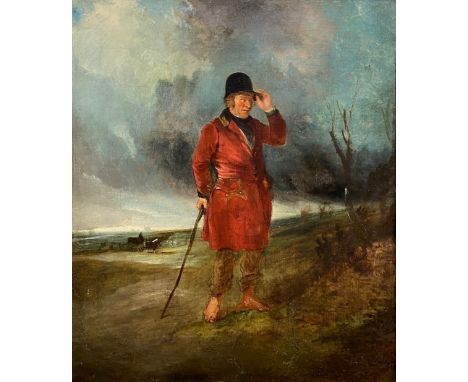 An early 19th century oil on canvas, portrait of a bare footed huntsman in a rural landscape titled 'Mad Mytton' (John "Mad J