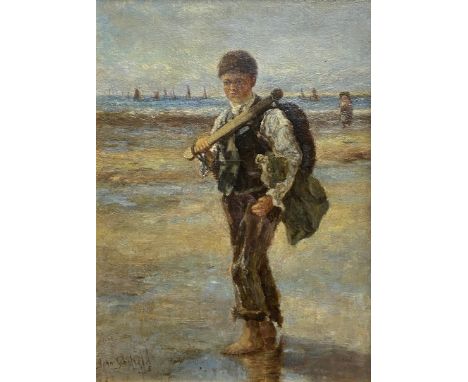 John William Schofield (1865-1944), and early 20th century oil on canvas, portrait of a fisher boy on a coastal landscape, si