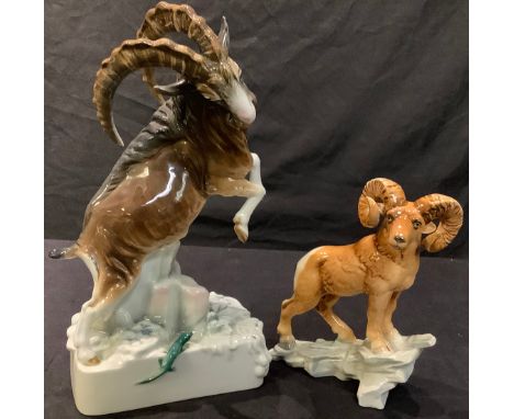 A Karl ENS Volkstadt Porcelain model of an Alpine Ibex, 33cm high; another, Goebel model of a Mountain Goat, 20cm high (2) 