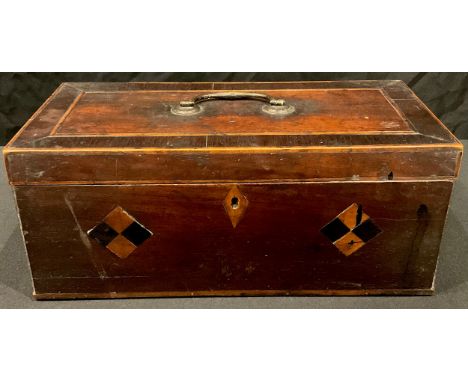 A George III mahogany and parquetry rectangular tea caddy, brass swan neck handle, 30cm wide, c.1810 
