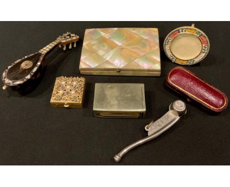 Boxes and Objects - a gold mounted amber cigar holder, London hallmarks, cased; a Victorian mother of pearl card case; a mini
