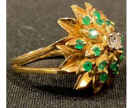 An unmarked 18ct gold diamond and emerald cluster ring, size P, 9.56g 