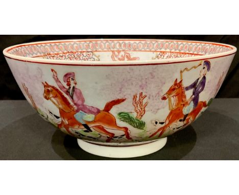 A Chinese porcelain punch bowl, enamelled with hunting scenes in the manner of 18th century Chinese export ware, 20th century