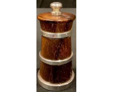 An Elizabeth II silver mounted coopered oak pepper grinder, London 2005 