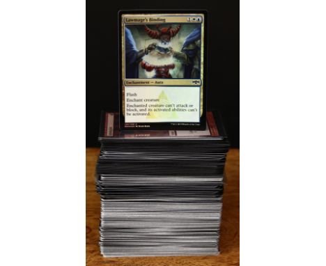 Magic The Gathering (MTG) trading cards, common cards, black expansion symbols, some foil cards including Lawmage's Binding, 