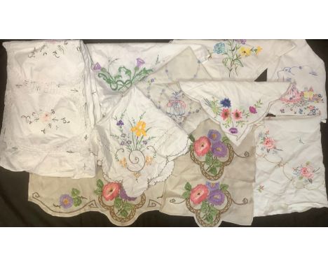 Textiles - hand embroidered linen tablecloths, including Crinoline Lady, Scottish Thistles, English Country Garden Flowers