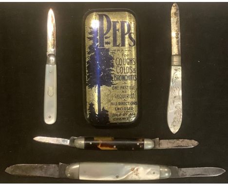 A Victorian silver and mother-of-pearl fruit knife, Sheffield 1896; another, George V, Sheffield 1923; a mother-of-pearl penk